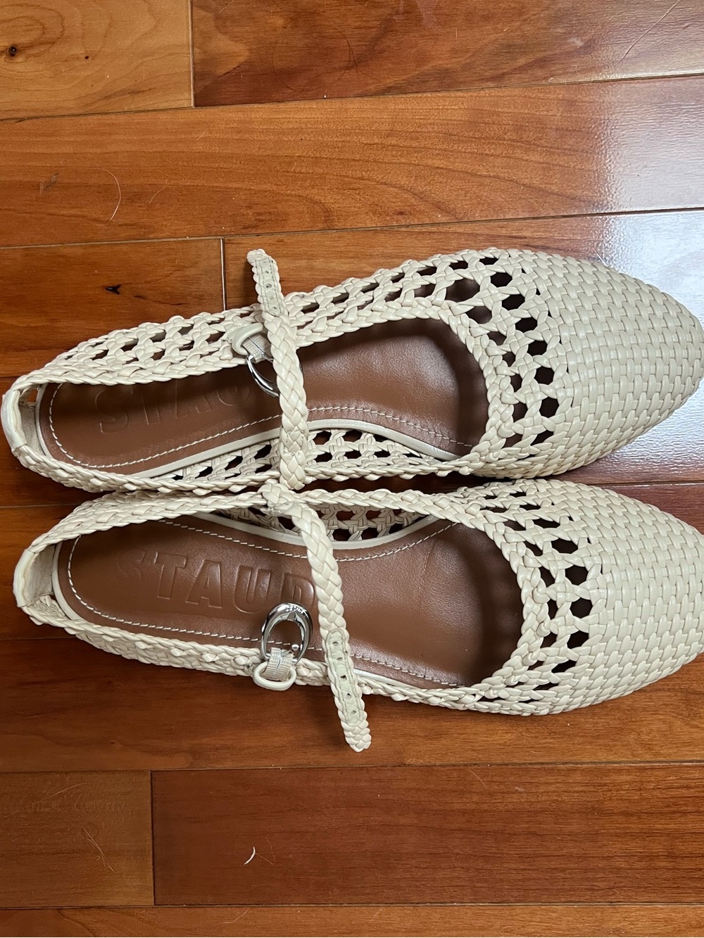 STAUD Cream Leather Braided Mary Jane Flats